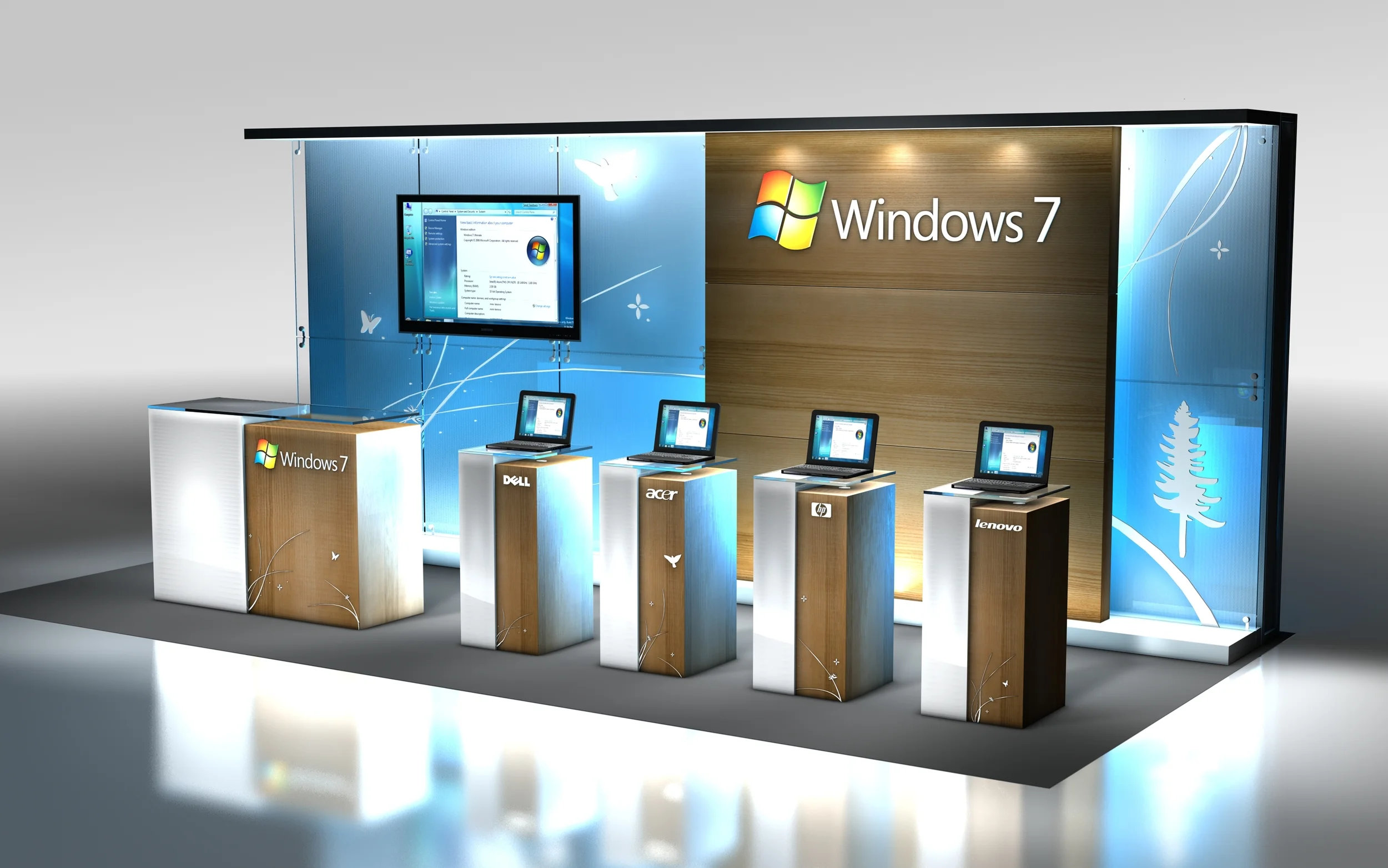 Microsoft's 10' x 20' spa booth that incorporates custom millwork pedestals, dimensional logos, AV & LED lighting
