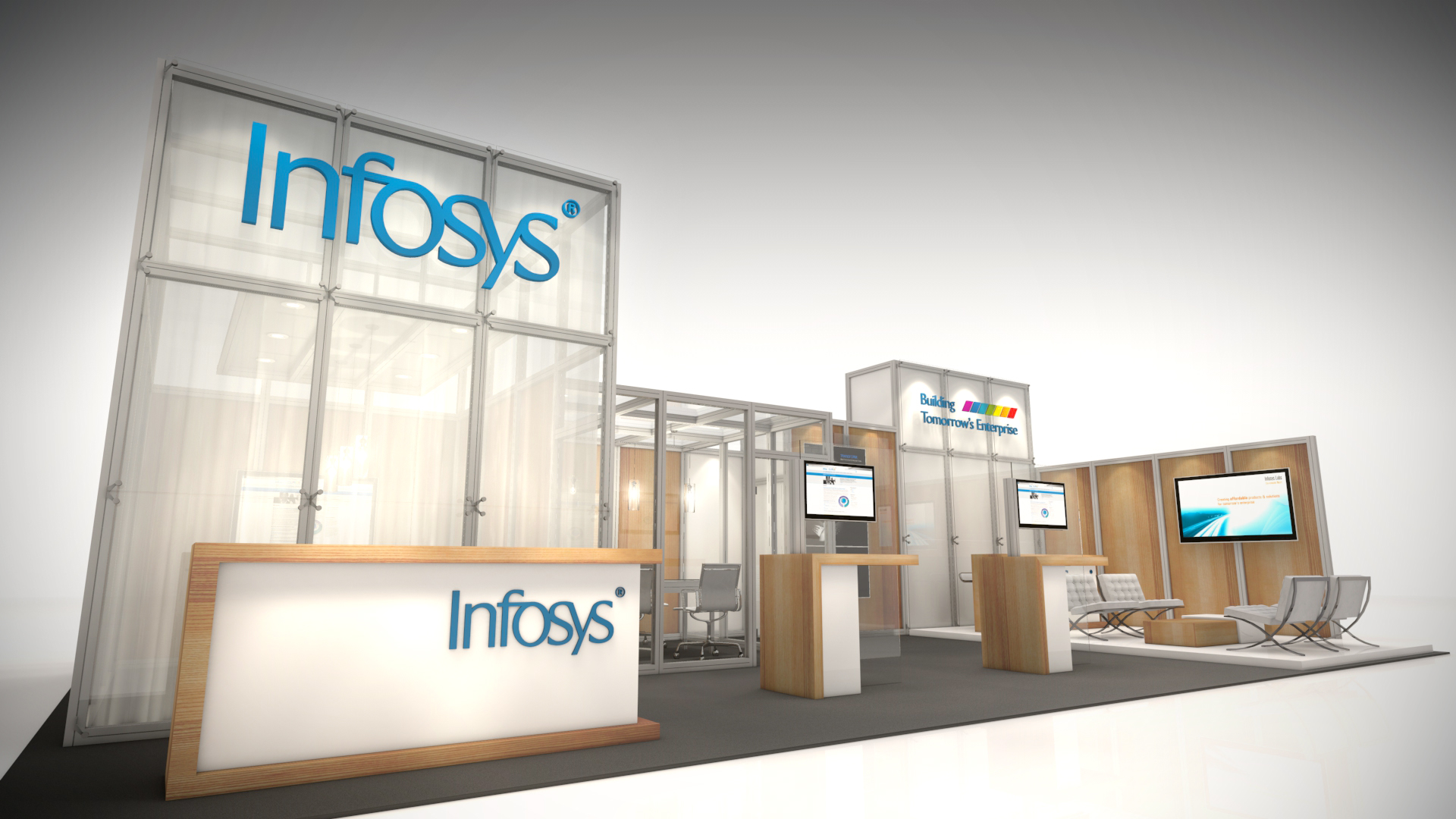 Designed for a partner internationally the Infosys exhibition display rental included large offices and multiple demo kiosks