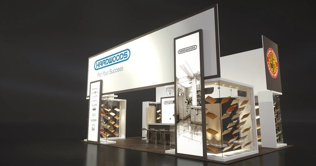 Loved this booth for the big #lightboxes out front and the glass walls showcasing our client's wood product samples.  You do not see a lot of glass used in exhibits for temporary installations like trade shows (our industry typically opts for acrylic