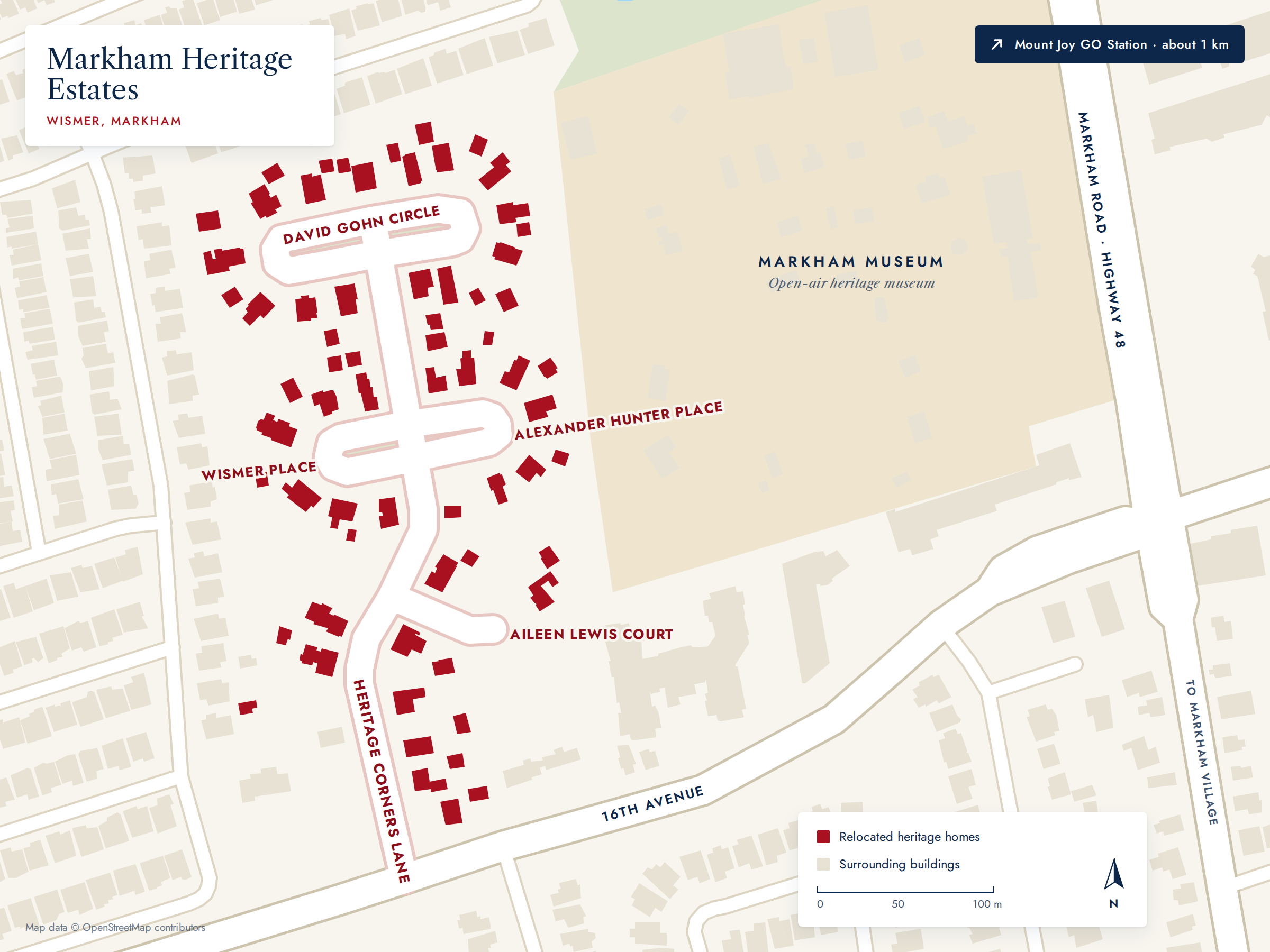 Street map of Markham Heritage Estates showing David Gohn Circle, Heritage Corners Lane, Wismer Place, Alexander Hunter Place and Aileen Lewis Court, north of 16th Avenue beside the Markham Museum.