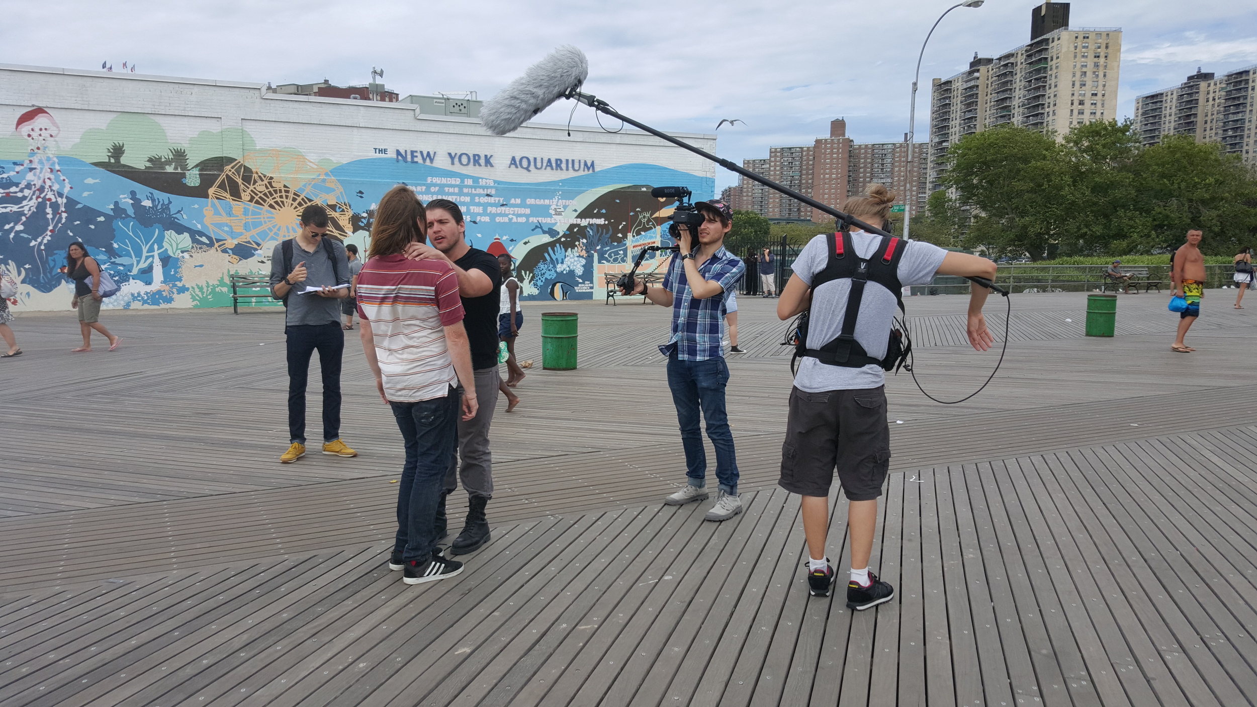 Our amazing team. From left to right: Dom (Producer), Russell (Ricky), Kevin (Charles), Adam (Director/DP) and Nik (Sound) on set at the Coney Island Boardwalk. Photo by Hanan (Gaffer/AC)!
