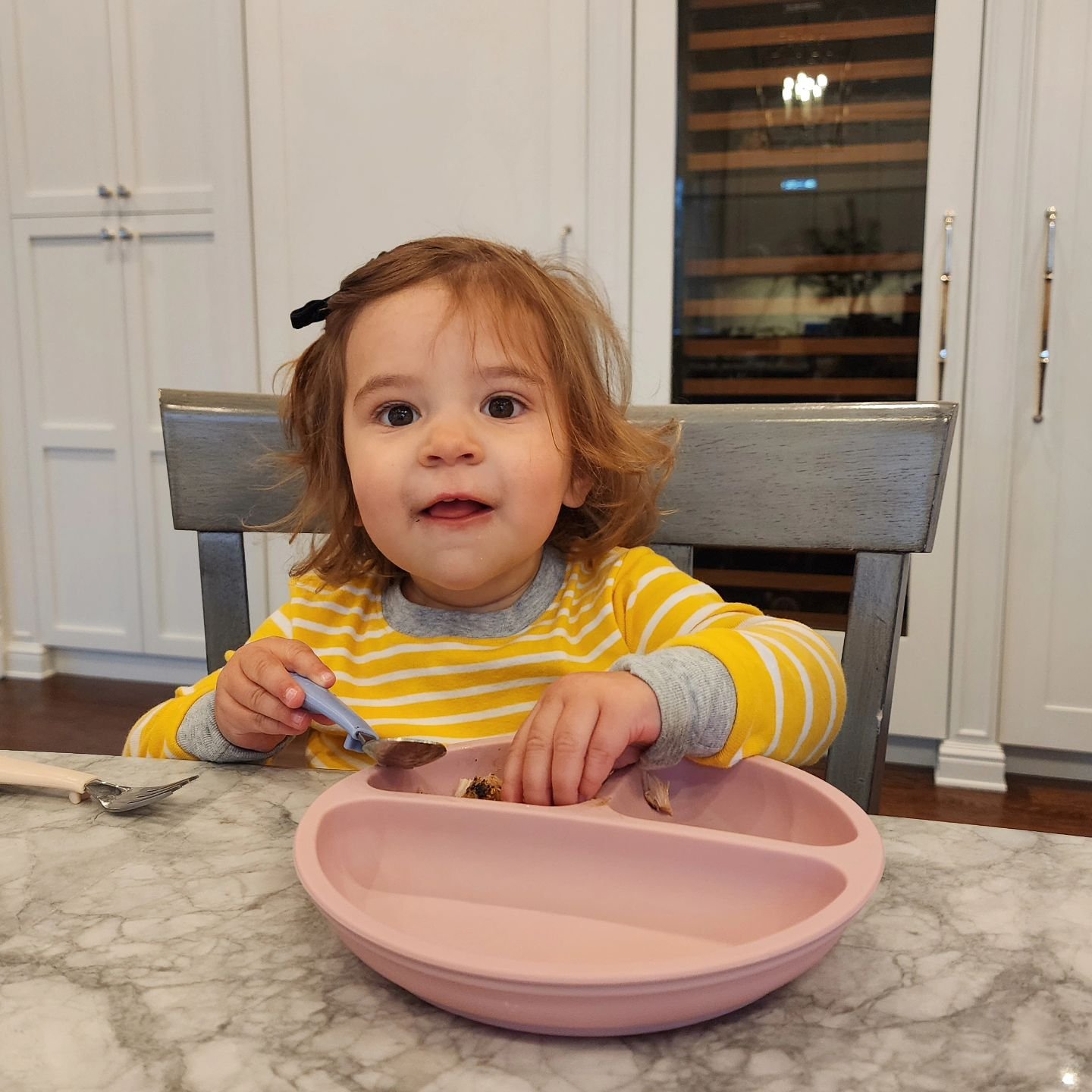 I wasn't prepared for the moment she would no longer need the high chair and be big enough to sit at the counter. 

Time goes by so quickly. A beautiful reminder to savor each day.