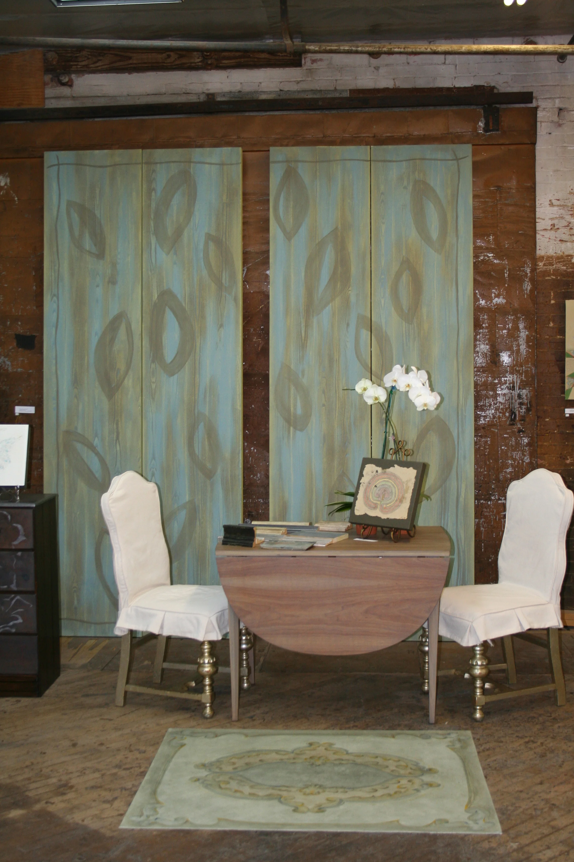 Falling Leaves - Faux Bois 4 panel screen (each 24"x108") Finishes and floor cloth shown can be viewed in my studio. The screen can be seen at Beaux Arts Fine Art Gallery in Dallas Texas