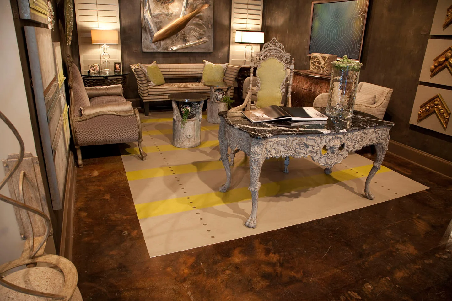 Finish on desk at Pettigrew Showroom, Dallas Texas Hand painted floor cloth - Sold