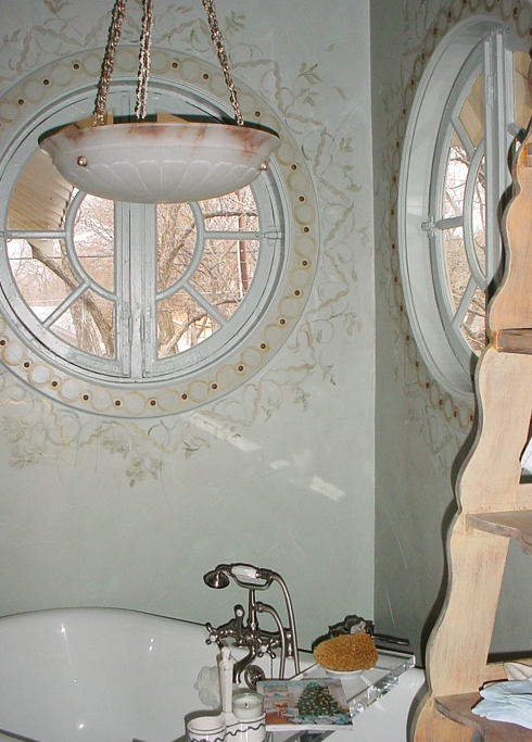  Custom hand painted pattern around bathroom window 