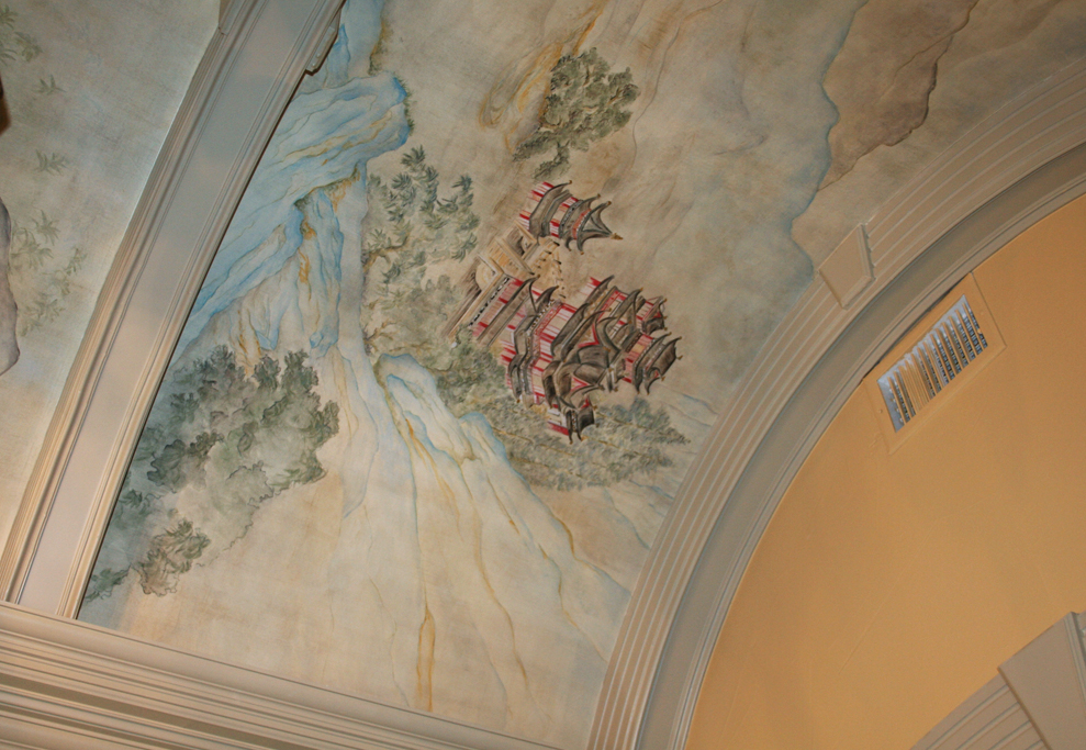  Custom designed and hand painted scene for entry ceiling 