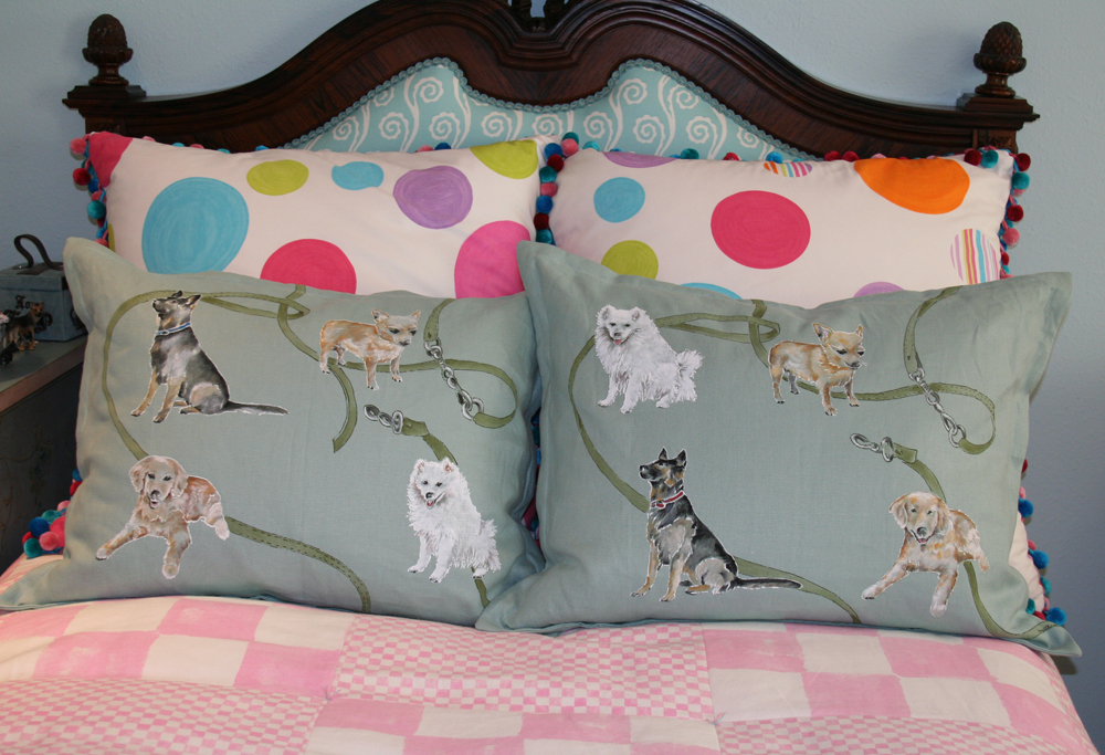  Designed and hand painted dogs on leash for bedroom pillow 