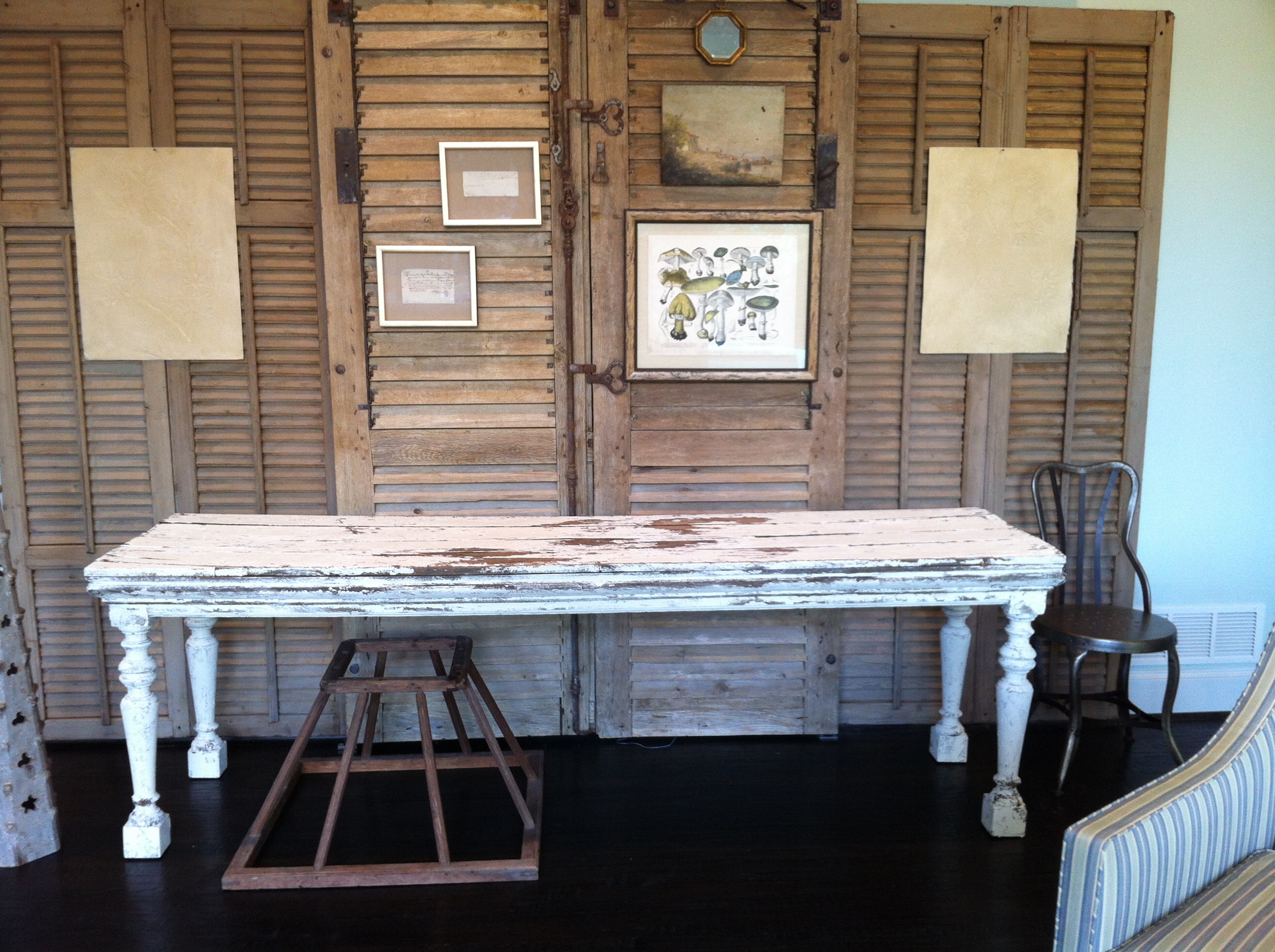  Painted finish on antique shutters and large table 