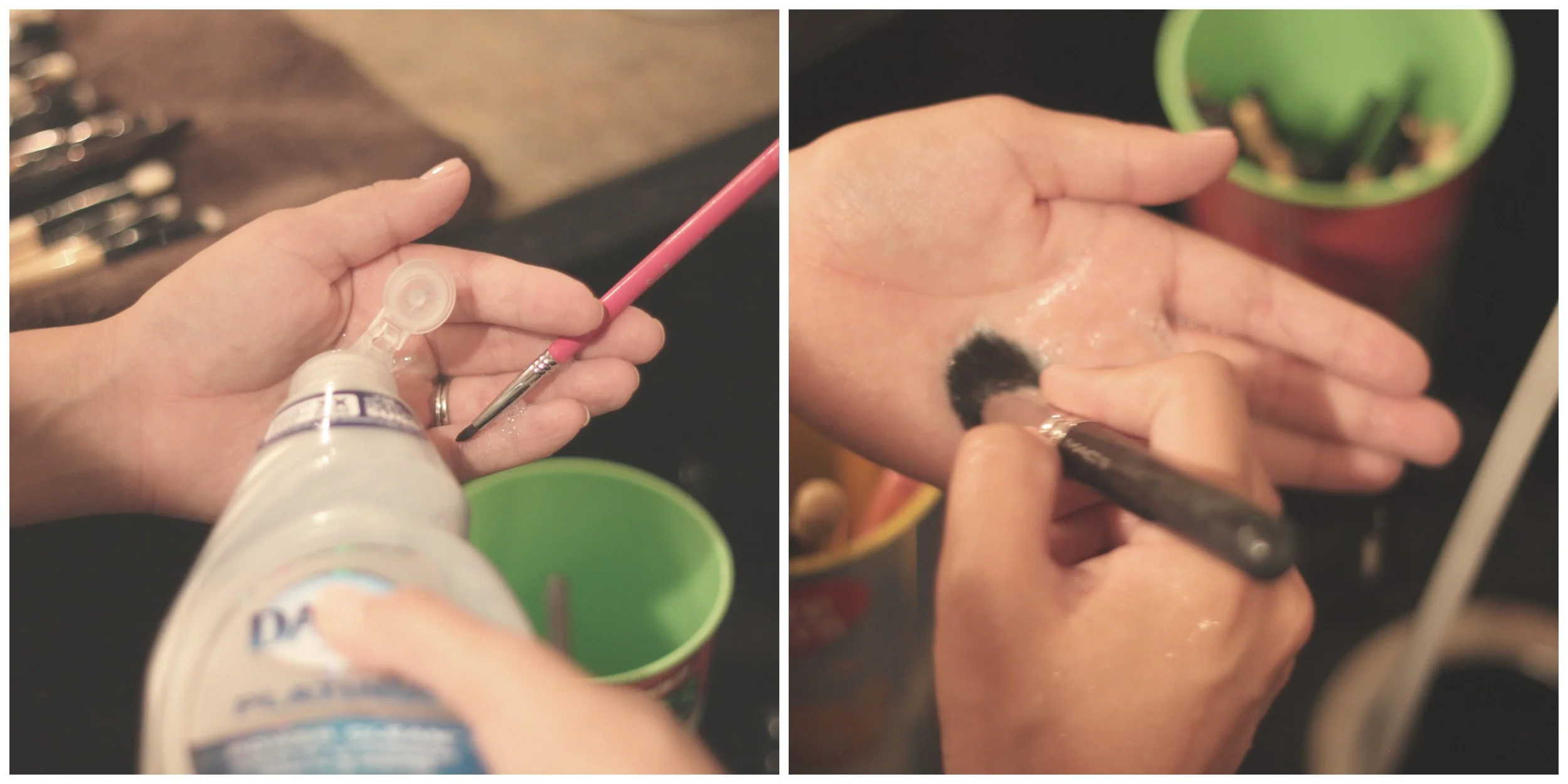 Step 3: Pour a small amount of soap into your hand. Grab one brush and wet it a little more, and press into your hand in circular motions. Rinse brush off underwater and repeat until completely clean. 