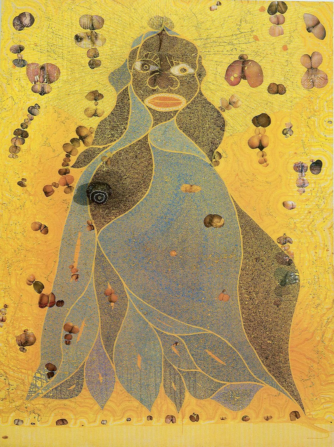 Artwork of the day:
 Ofili - The Holy Virgin Mary (1996)
The potent mixture of the sacred (Virgin Mary) and the profane (excrement and pornography) became a cause of controversy when the Sensation exhibition moved to New York in 1999. The City of Ne…