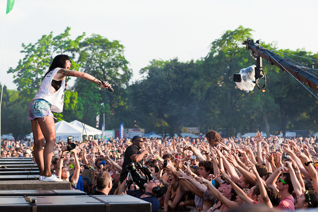 Sleigh Bells had the crowd on another level. Though I don’t listen to their music much, they definitely have a massive stage presence.
Through their entire set there was a steady stream of crowd surfers being fished from the cascading waves of…