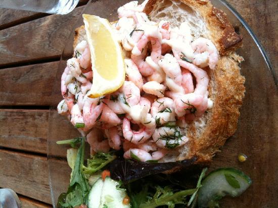 Open-faced shrimp sandwich.