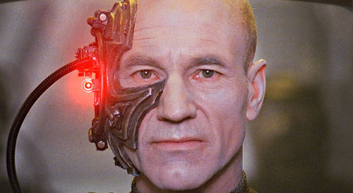 Patrick Stewart visits a very dark mental space as Borg Picard (UMM, HIS NAME IS LOCUTUS OF BORG).