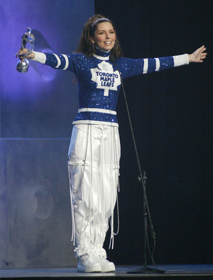 Shania Twain in one of her six Canadian NHL team dresses