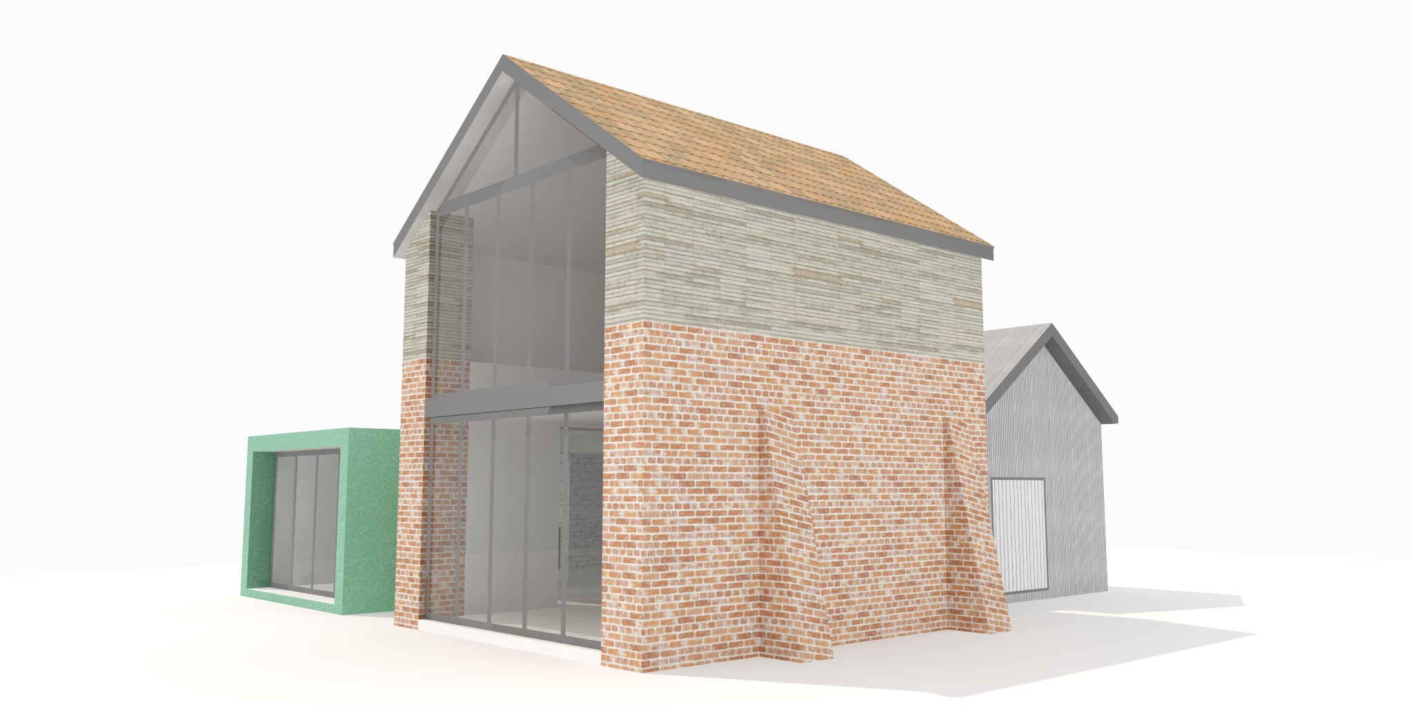 Mix of materials, patinated copper sheeting, brick, oak cladding and black corrugated metal sheeting