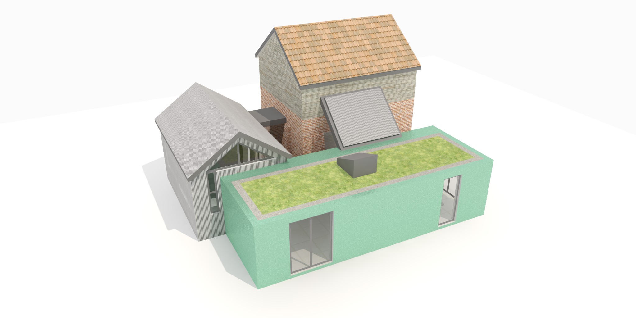 Traditional and modernist form connected by glazed links forming hidden internal mini courtyard