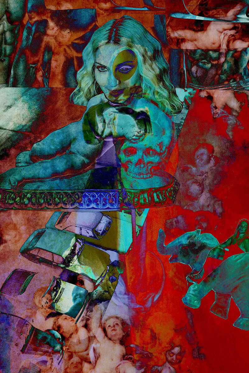 Madonna with the skull. Mixed media on paper, Mounted on dibond, Coatng liquid glass 150 x 100cm