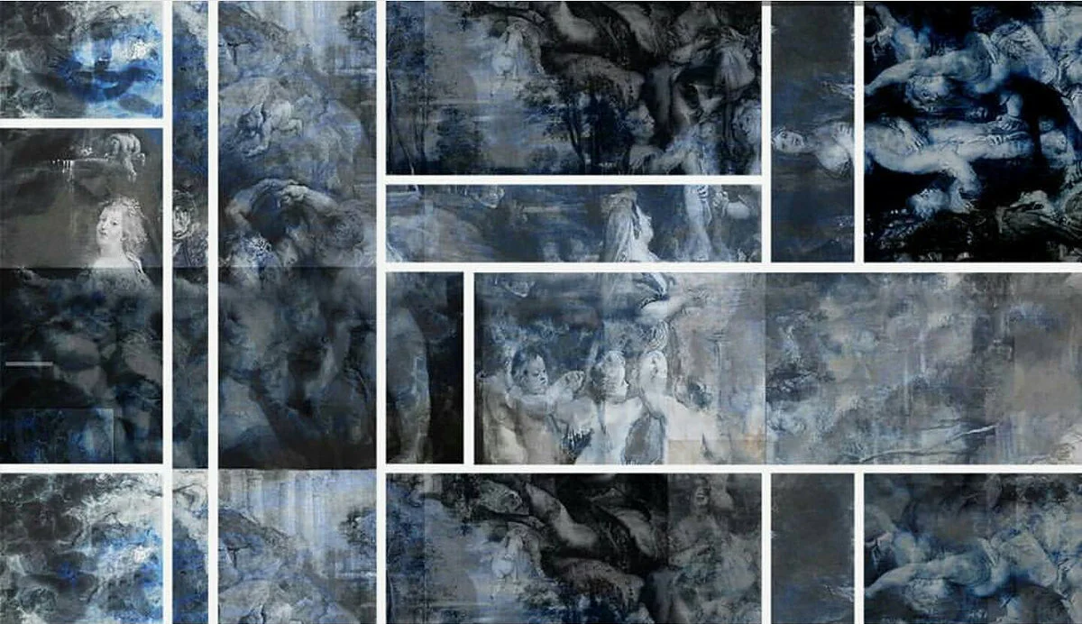 Variation #1, collage on brushed disband, constructed of 14 parts, 200cm