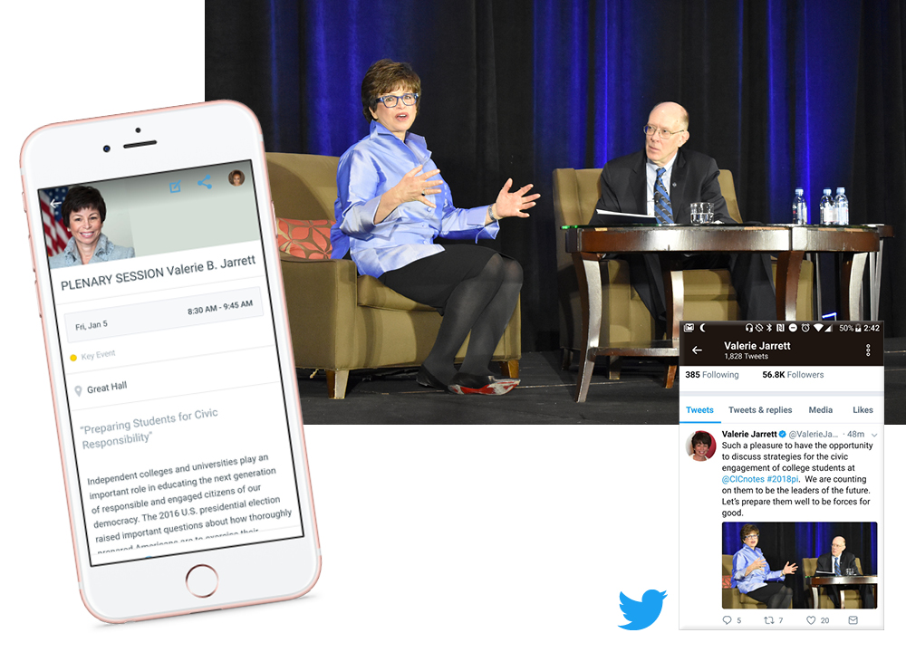The app provides users with easy access to session information and facilitates sharing content via social media.
