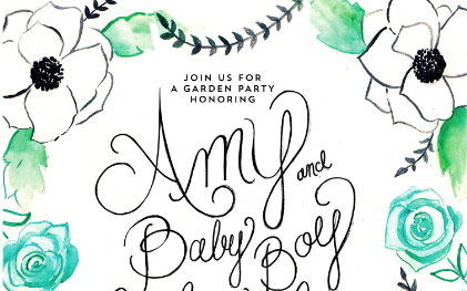 Another darling friend, Jessi Evans of Orchard Made , created watercolor + calligraphy invitations for the shower. This was our jumping off point for the shower as far as look and feel went. I just loved these hand made invites, they perfectly captured the mom-to-be and the vibe of the shower!