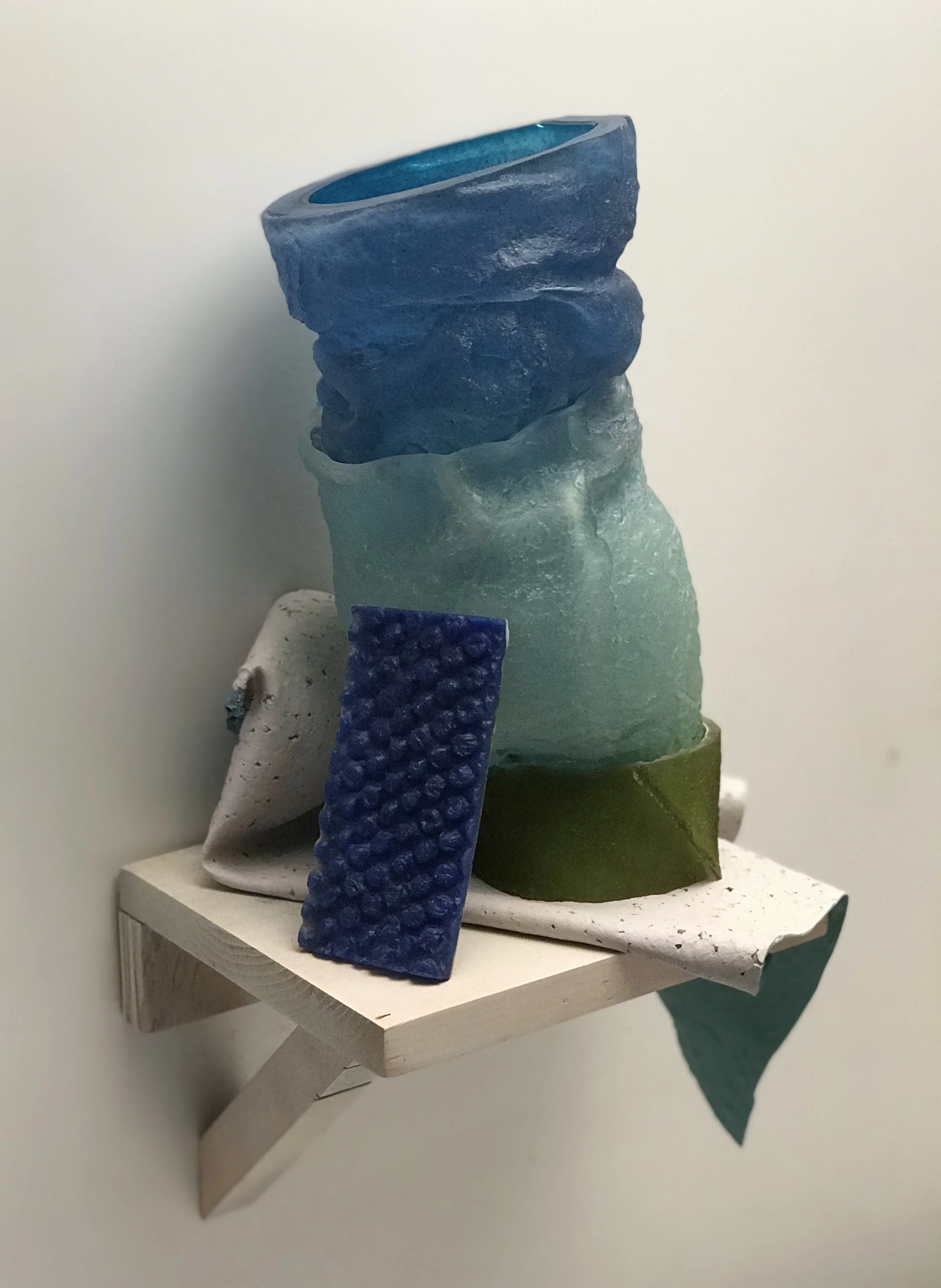 Reaching Out , 2018 Glass, acrylic paint, wood, 18 x 11.5 x 10 inches. 
