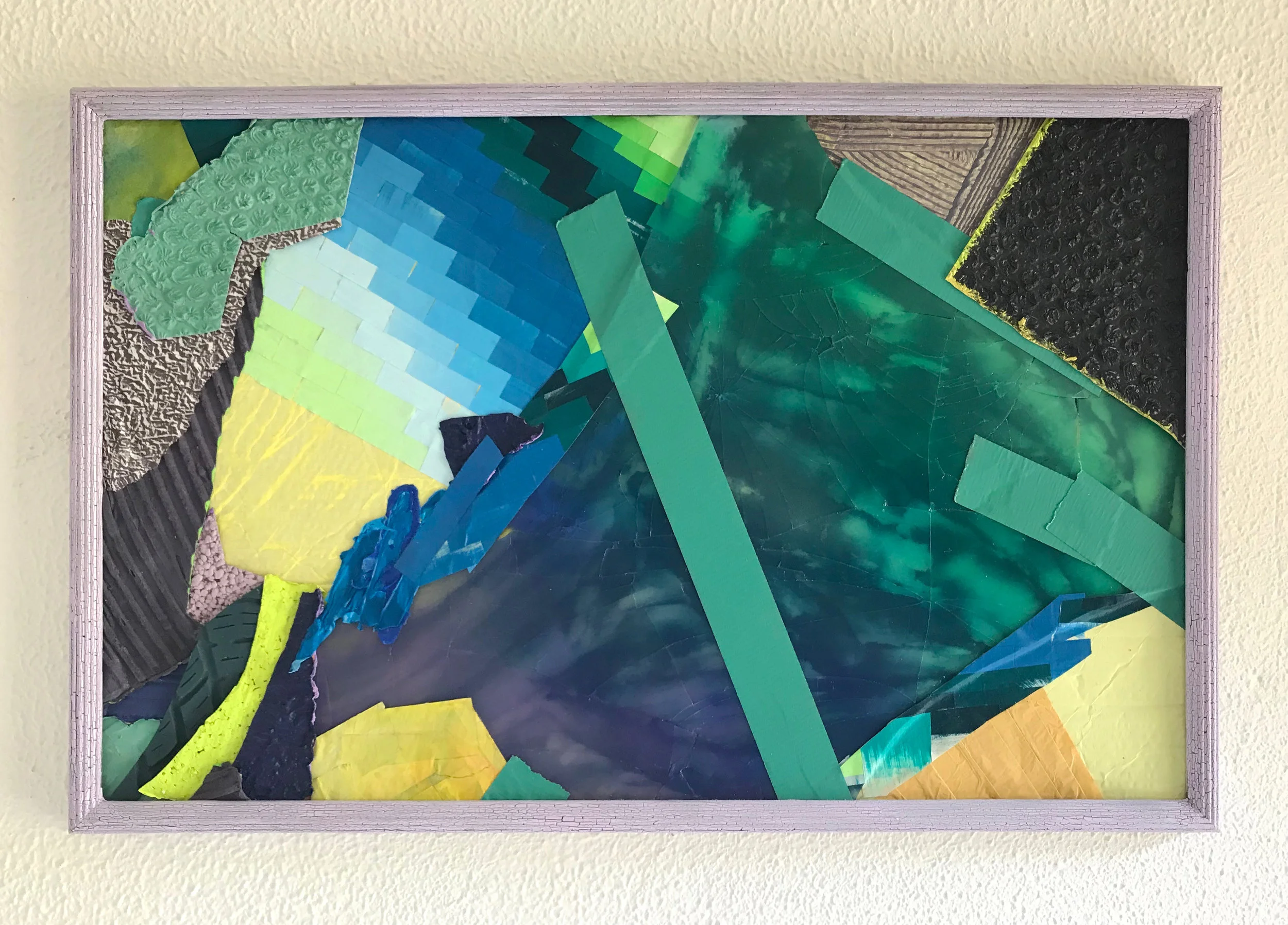 Dissociation 46: Rio, 2019. Acrylic, cardboard, found paper, glass, enamel, duct tape 30 x 17 inches.
