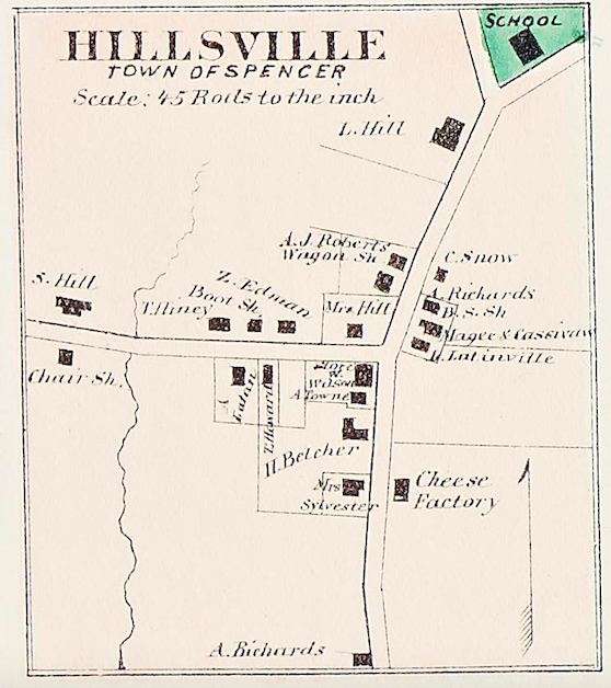 This 1870 map of Spencer's Hillsville village shows Sullivan Hill as the owner of the Barnes-Hill House, far left. His chair shop is marked across the street from the house.
