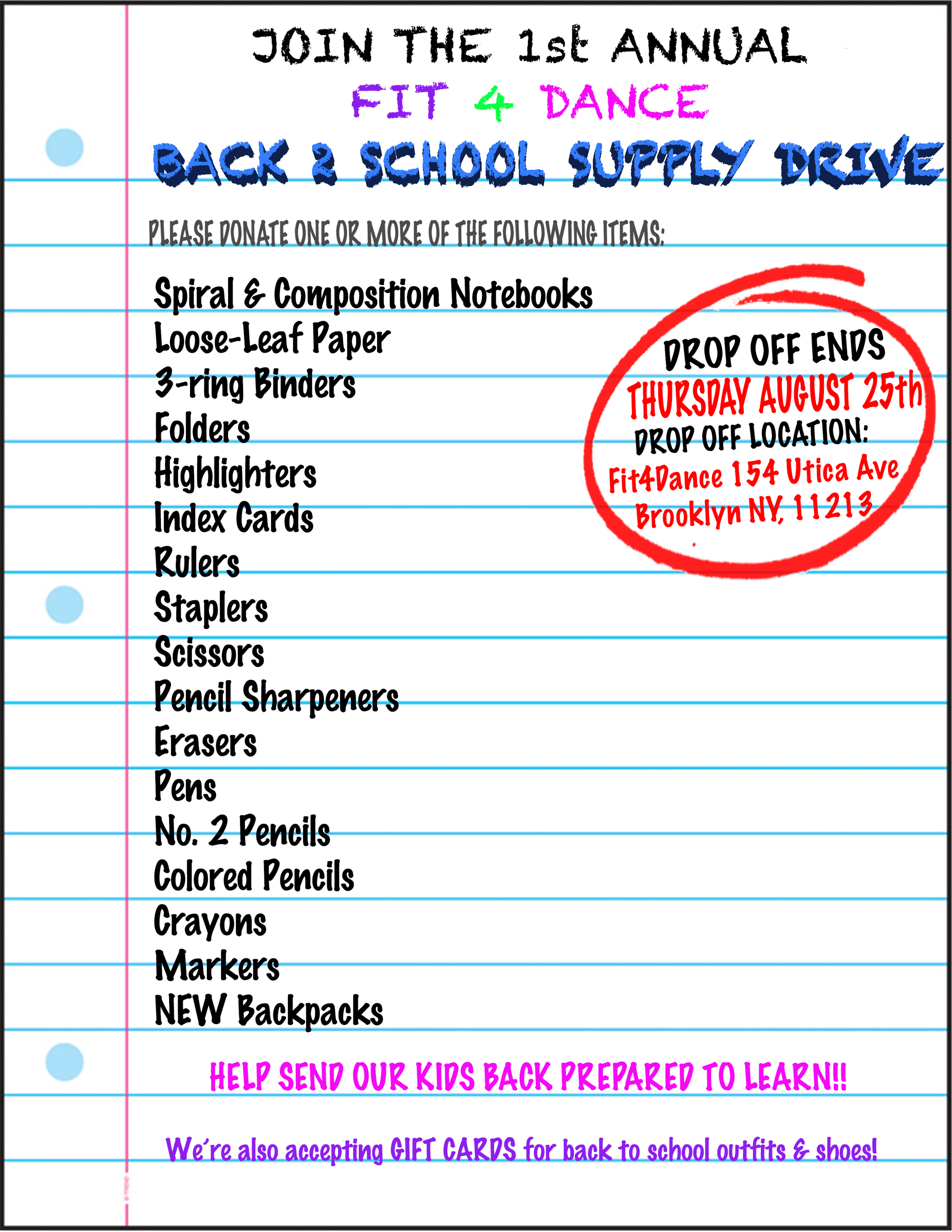 Fit4Dance & Breaktapes Hosts a Back to School Supply Drive