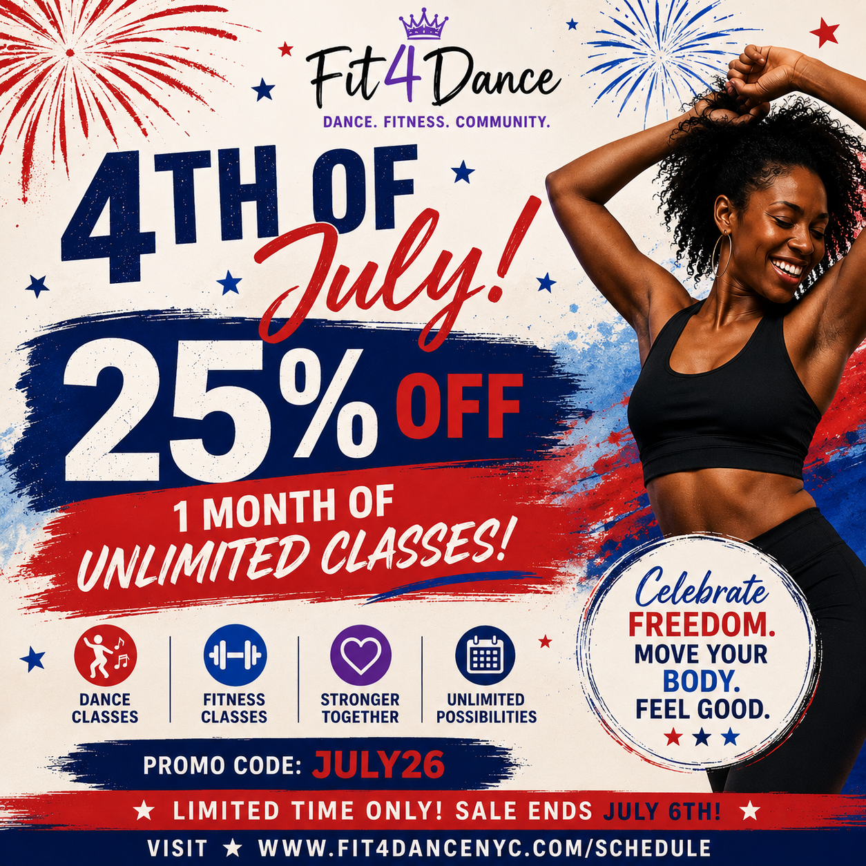 July 4th Sale: 25% off Unlimited Month of Classes