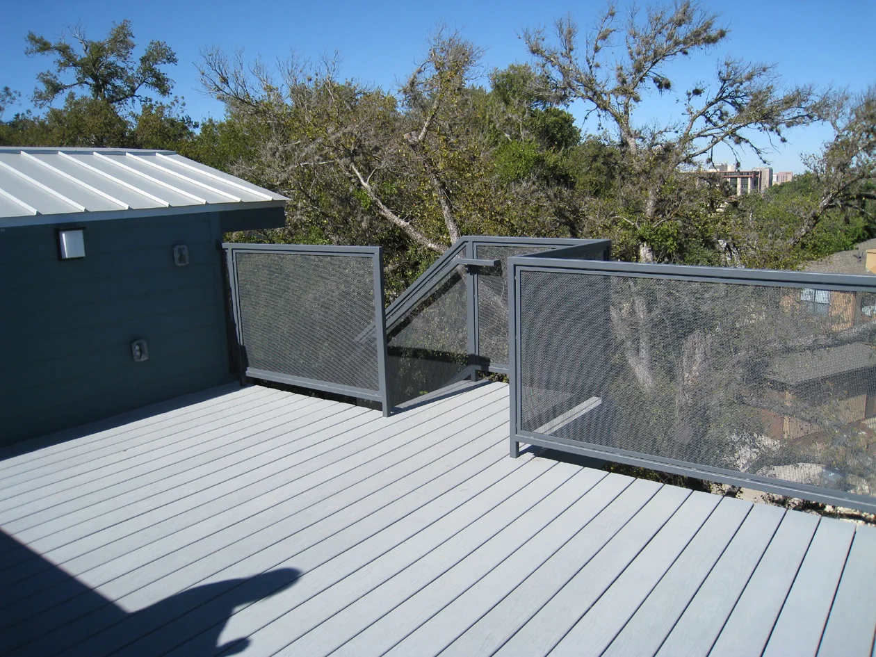 Third floor roof deck on a recently constructed residence in Travis Heights, Austin, TX.