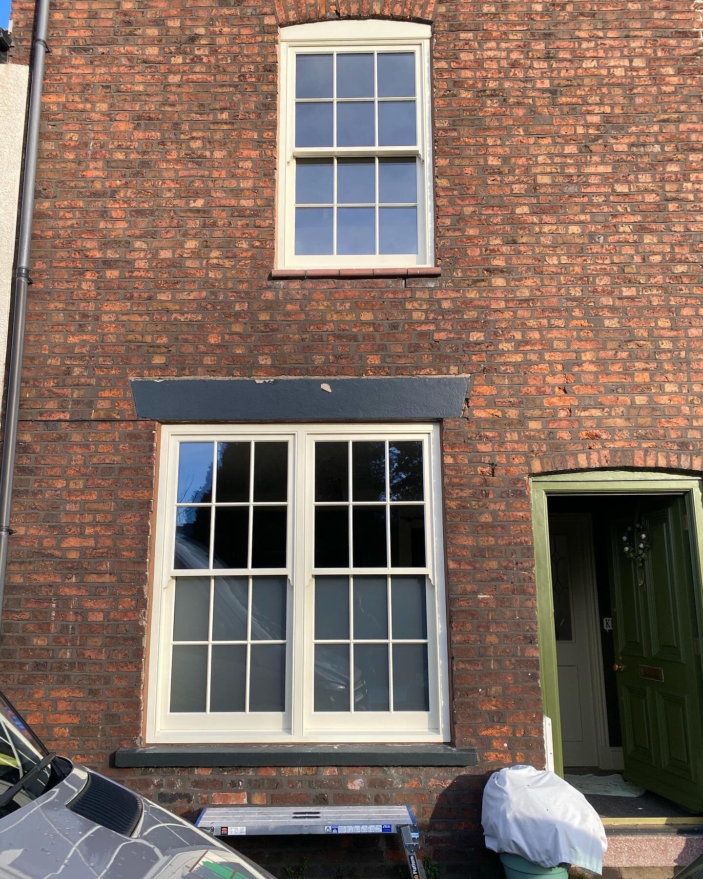 Accoya wood Conservation sash windows installed in Croston over the past couple of days. Finished in @ankerstuy_coatings_uk Antique White with antique brass furniture. The ground floor window has satin glass in the lower panes for privacy. 
&bull;
&b