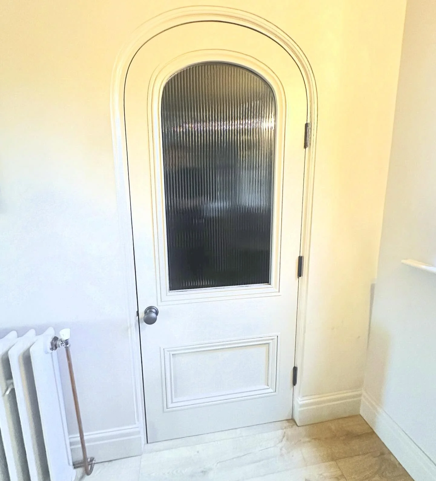 Internal door and frame installed today in #mawdesley #lancashire all manufactured at our workshop to fit the existing opening perfectly. Fully finished in #farrowandball #elephants breath glazed with reeded glass and complemented with urban bronze h
