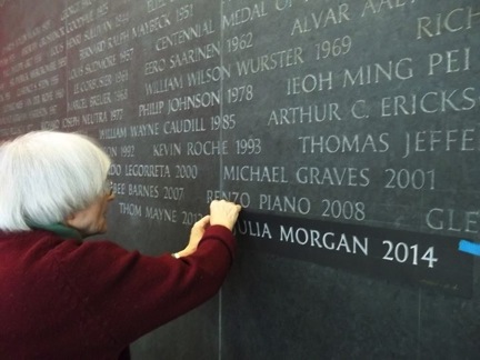 Image Caption: Artist Ann Hawkins etches Julia Morgan’s name into the black granite on the pantheon of the AIA National Headquarters. Julia Donoho, AIA, Esq. led the 2014 nomination process for Morgan, and also worked with the Venturi and Scott Brown nominating team. Donoho said, "This success for men and women working in partnership is a victory 47 years in the making. A new story is being told about how creative collaboration can succeed. The work of Bob and Denise is a weaving together of two great talents to create a body of work of lasting influence on the profession. It was a privilege to be part of telling that story." Image Credit: Jack Evans