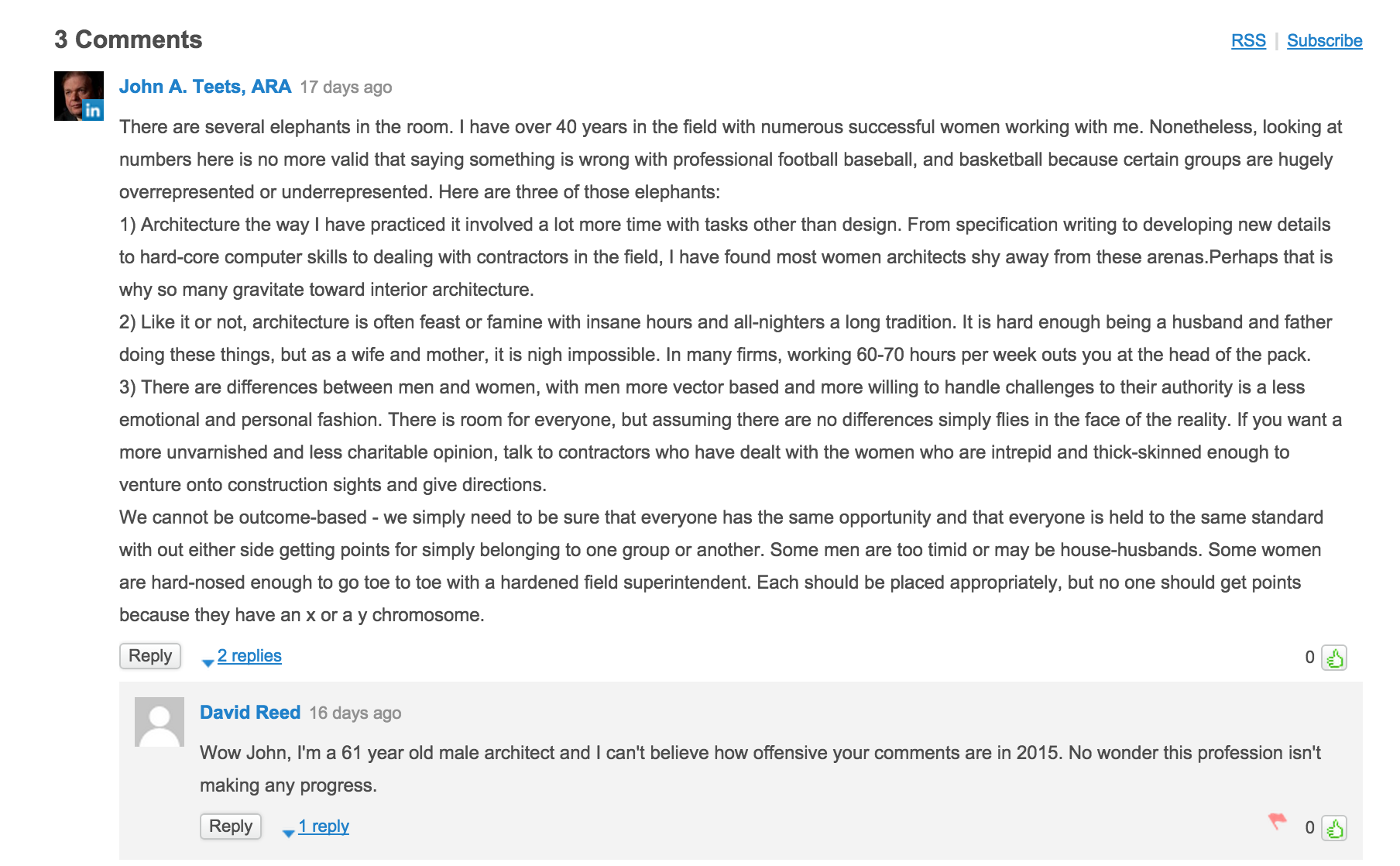 Discussion comments to Architect Magazine article by Elizabeth Dickinson