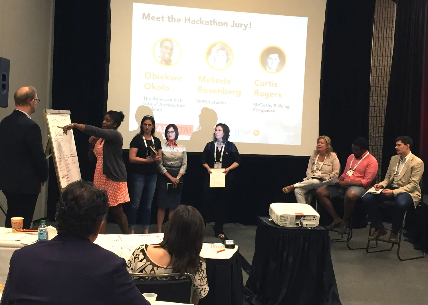 2015 EQxD AIA Hackathon participants Phil Bernstein, Melissa Daniel, Ashley L. Dunn, Morgan Maiolle, and Shawna Hammon presents their pitch to Hackathon judges. 