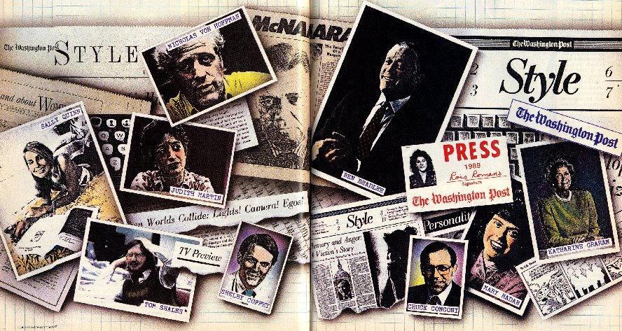 Former longtime Washingtonian editor Jack Limpert informs me that this photo-illustration is from the July 1989 Washingtonian. Headline on the piece: "Style Unzipped." The deck: "Twenty Years of Romance, Profanity, Anarchy, and Bitter Profiles: The Inside Story of the Post's Style Section and How It Grew Up." One of the pull quotes: "Nicholas von Hoffman was the first Style columnist to build a following and generate lots of hate mail. 'On a good day,' Ben Bradlee once said, 'Nick could cancel 200 to 300 subscriptions."