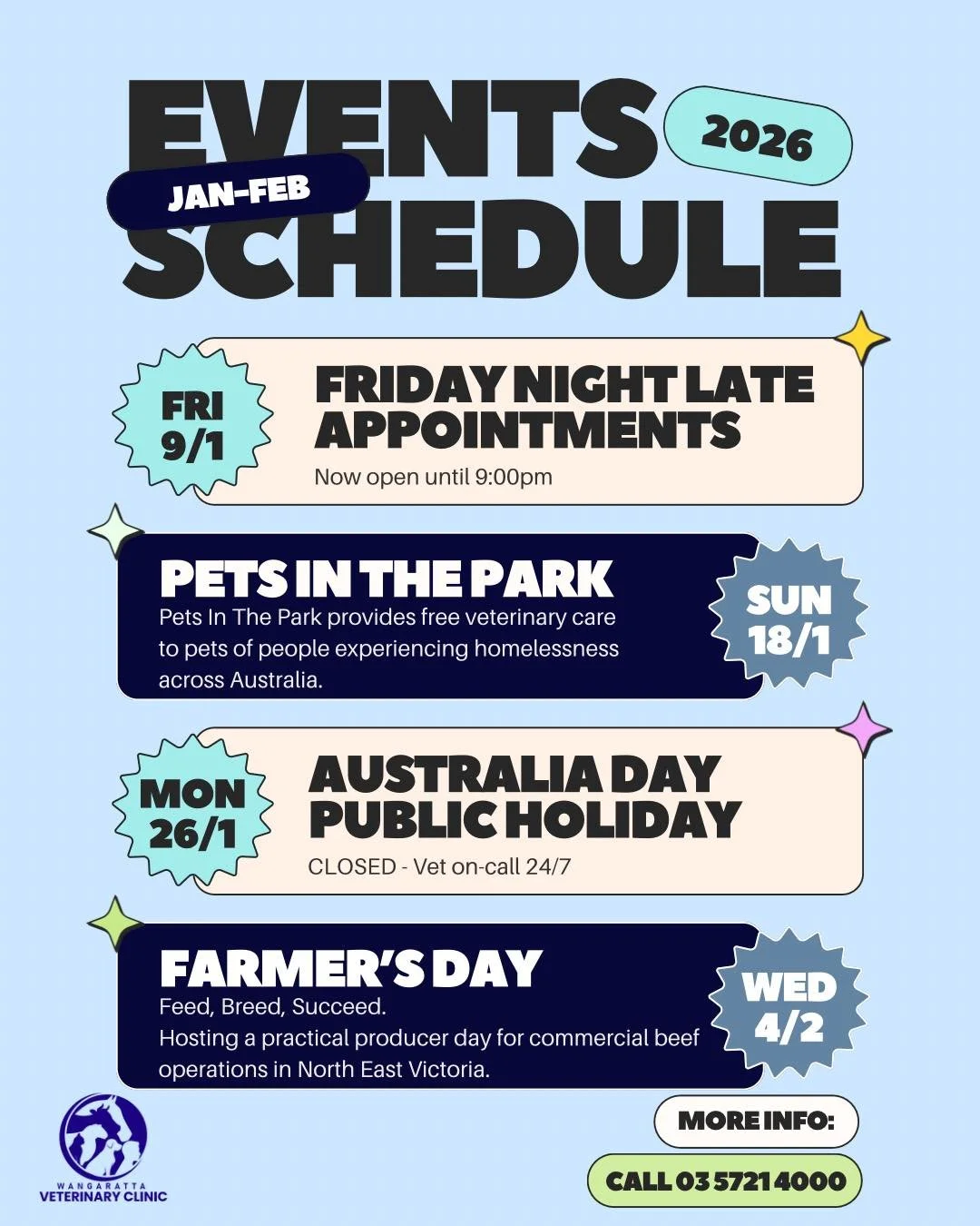 We&rsquo;ve got a busy start to the year and we&rsquo;re excited to share what&rsquo;s coming up 👇

🗓️ Friday Night Late Appointments Begin &ndash; Fri 9/1
Now open until 9:00pm for your convenience

🌿 Pets in the Park &ndash; Sun 18/1
Providing f