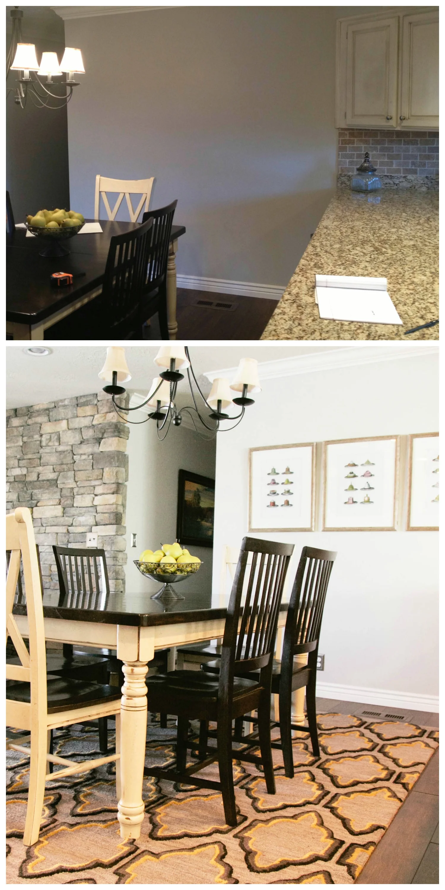 Above: Dining room BEFORE. Below: Dining room AFTER. Artwork and an area rug complete the space and tie it into the adjacent family room.