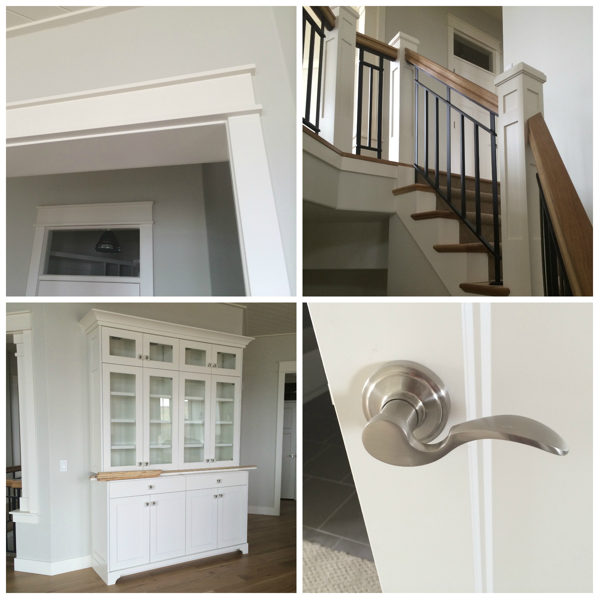 Upper left: A simple trim piece lines the top and bottom of the mission style casing for a more sophisticated look. Transom windows add light above each door frame. Upper right: A two tone, iron railing is anchored by a shaker style newel posts. Tread caps and risers also line the stairs. Bottom left: This custom built hutch, designed for the kitchen, features glass door fronts, crystal hardware, and decorative detailing. Bottom right: Brushed nickel levers were selected for the interior door hardware. Notice the detailed profile of the door panel.