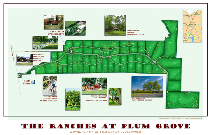 The concept plan for The Ranches at Plum Grove offers the freedom of relaxed living in the country, but enjoying the services offered by the cities and towns in the area. This property is also perfect for the development of a recreation & hunting paradise in the Houston Metro Area. Its pristine wild & wooly bottomland along Tarkington Bayou with pine uplands is secluded yet easily accessible, 