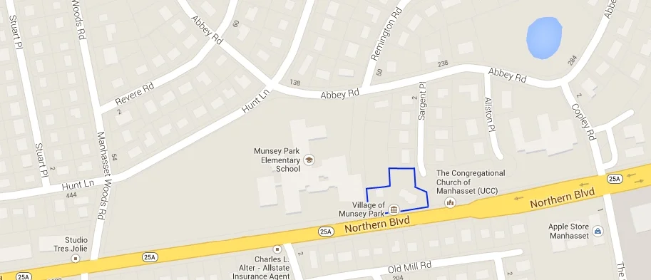 Munsey Park Village Hall, 1777 Northern Blvd, Manhasset, NY 11030 Parking is available at Village Hall in several locations. Visitors may use one of the following: The Village lot at 1777 Northern Boulevard, the end of Sargent Place (ADA compliant entrance to building) , or the lower lot of Congregational Church located at 1845 Northern Boulevard.