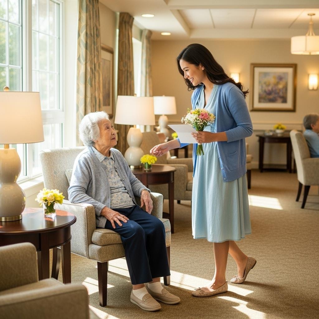 hellolovelyliving woman visiting elder in assisted living