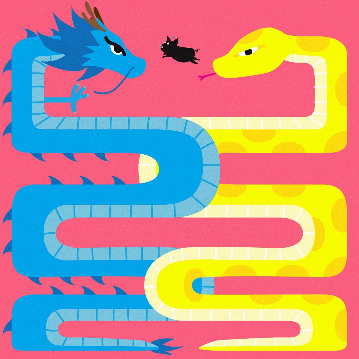 Meet my family as Asian zodiac signs.
Blue Dragon is our soon-to-be born child🐲
The yellow snake is Yoon, my wife🐍
The black pig is me🐷
As you may noticed, The composition implicates the power hierarchy of our family👨&zwj;👩&zwj;👦 #TheNiceGaller