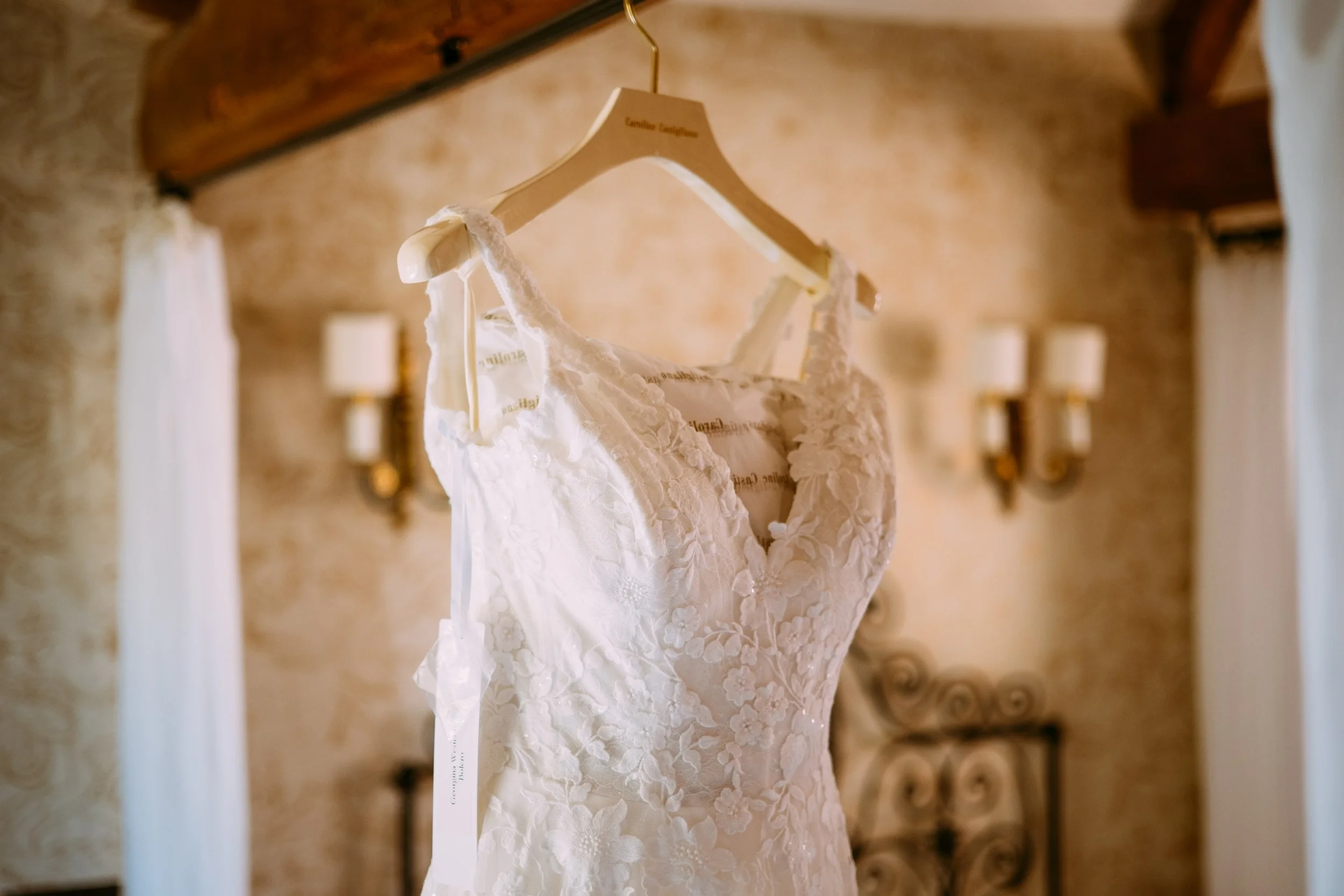Bridal gown hanging up