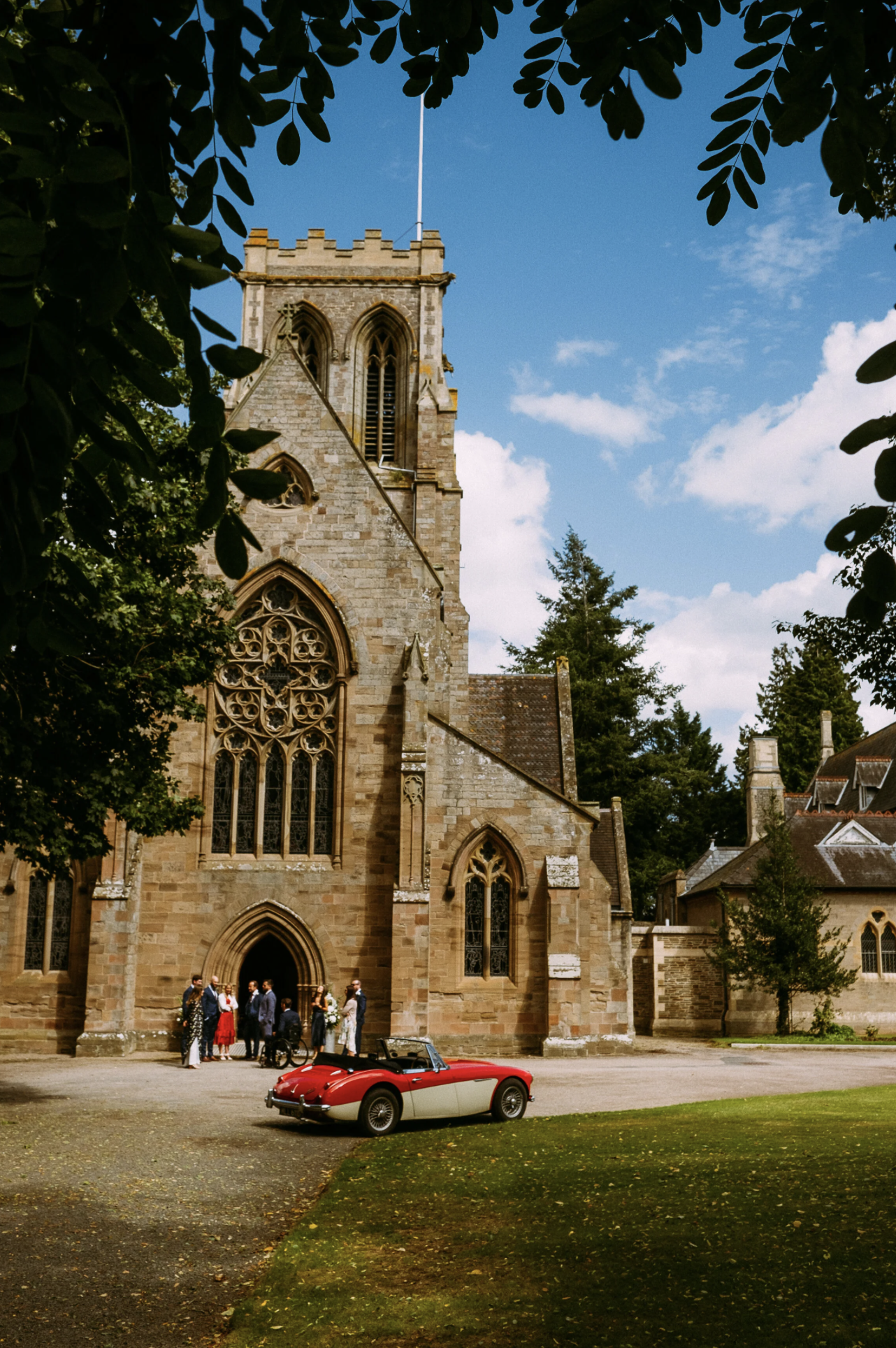 Church and car just before a wedding