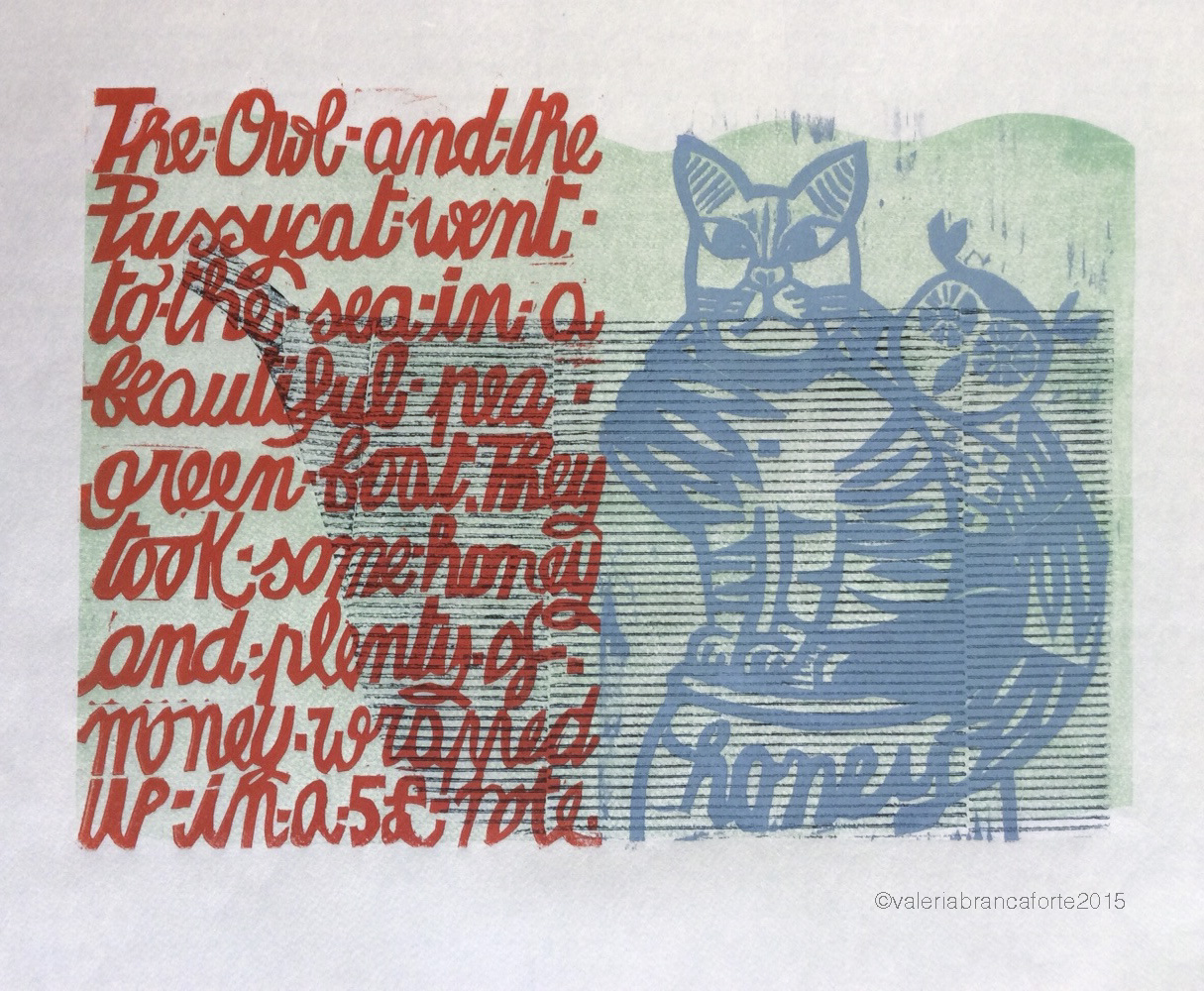 The Owl and the Pussycat , Edward Lear. 4-color print, additive plates. Valeria Brancaforte, 2015