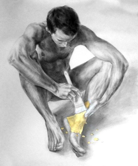 "Guilding the Athlete", 34" x 42", Graphite & Gold Leaf on Rives BFK, 2009.