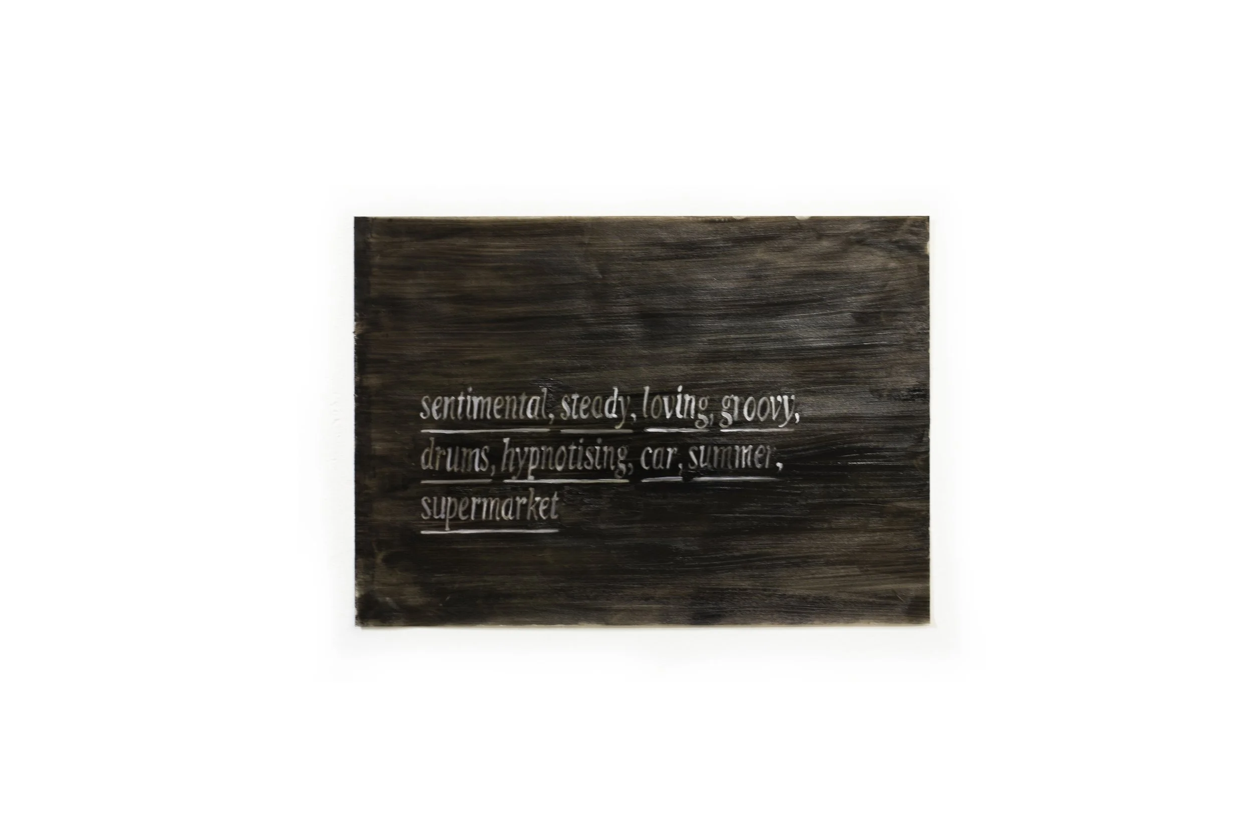   Sentimental, steady, loving, groovy, drums, hypnotizing, car, summer, supermarket  Radio Tag Series (2025)  Oil on tracing paper 30×42 cm (11.8 × 16.5 inches) 