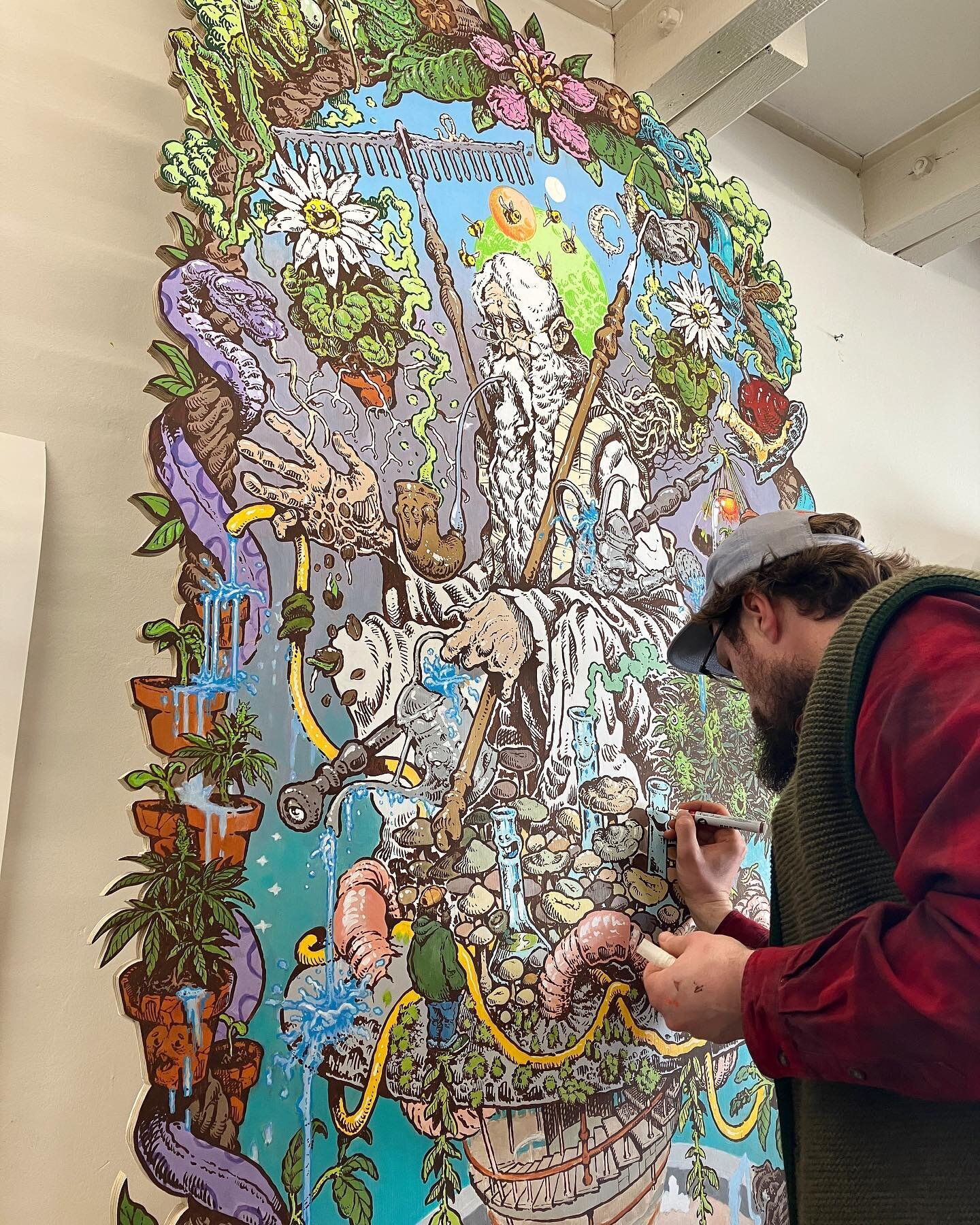 🥦✨🌳MEETING THE GREAT GARDENER🌳✨🥦
Closing in on the finish line on this giant woodcut painting for @greatgardener 🌿 it&rsquo;s been a giant journey to complete this piece depicting a special experience by @greatgardener 🍄🍄 READ BELOW
.

his art