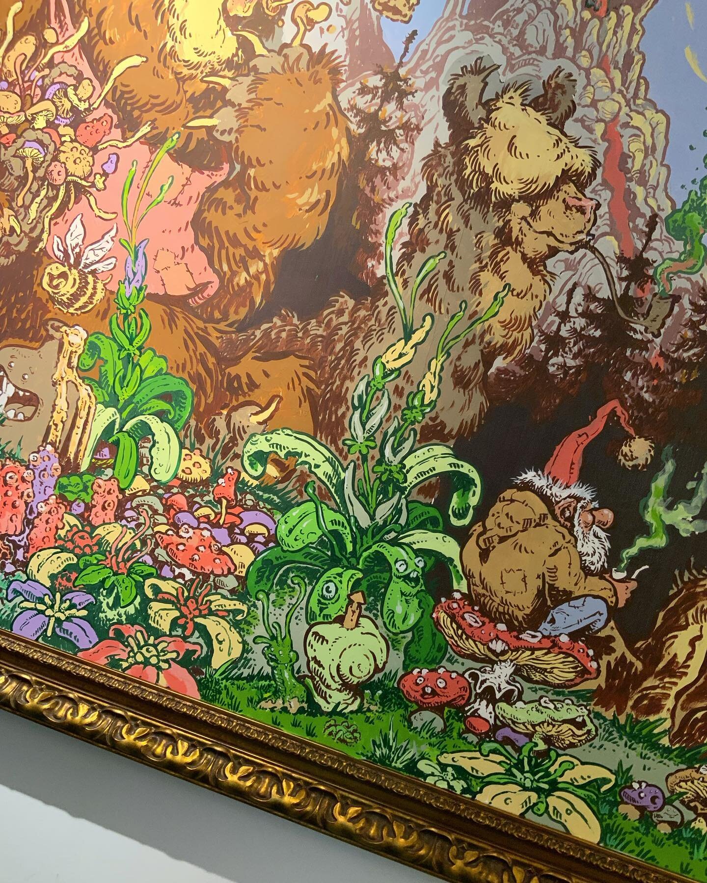🌳✨(WIP) THE FOREST PALS✨🌳
One more day of painting and this piece is finished. It&rsquo;s been quite the journey painting this 500 x 165cm painting for the @cannabismuseumamsterdam but well worth it. Here you see two small sections of the work. Ful